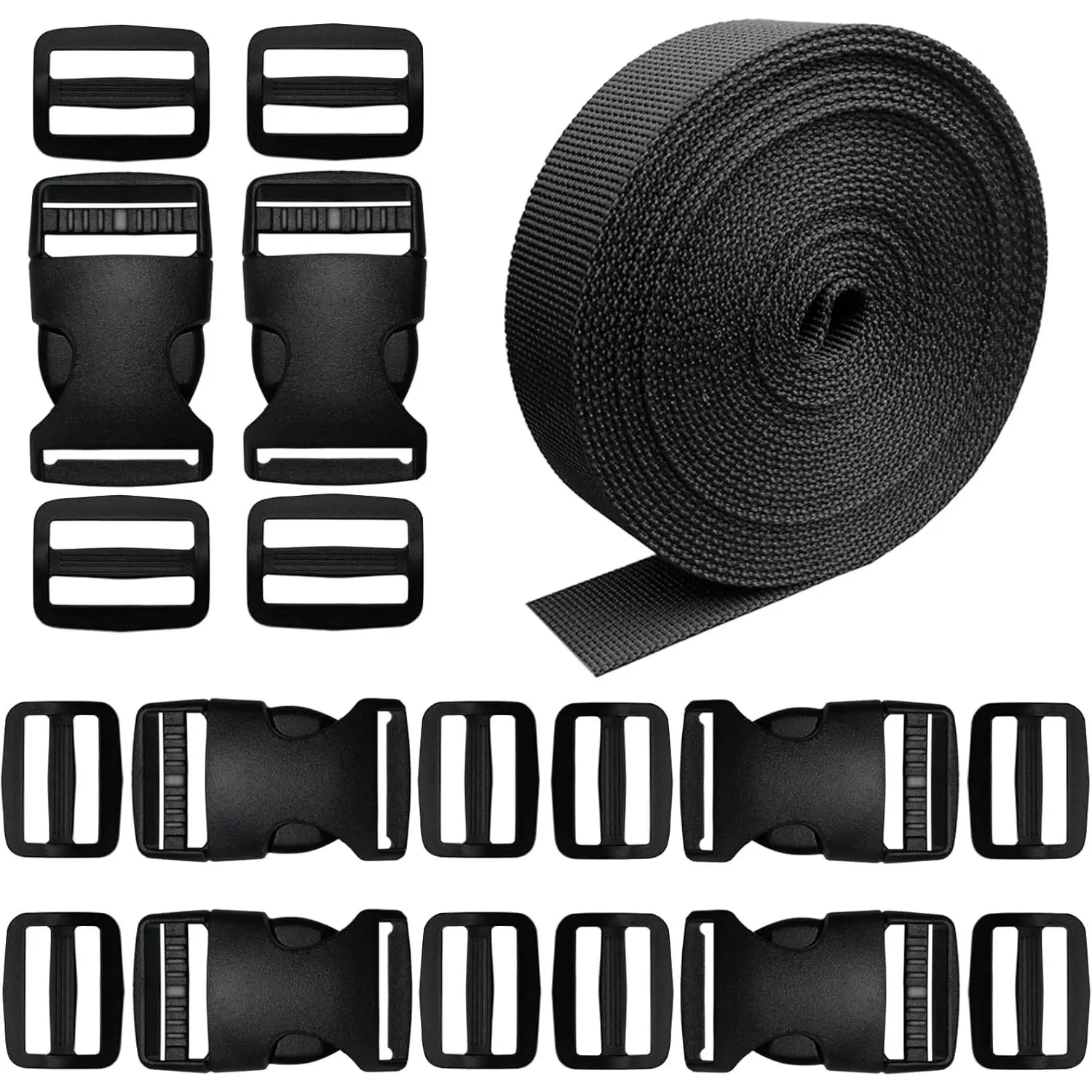 Buckles Straps 1 Inch, Nylon Webbing Straps 6 Yards + 6 count Quick Side Release Plastic Buckles + 12 count Tri-Glide Slide Clip, No Sewing Required Heavy Duty Durable, Backpack  Collars .