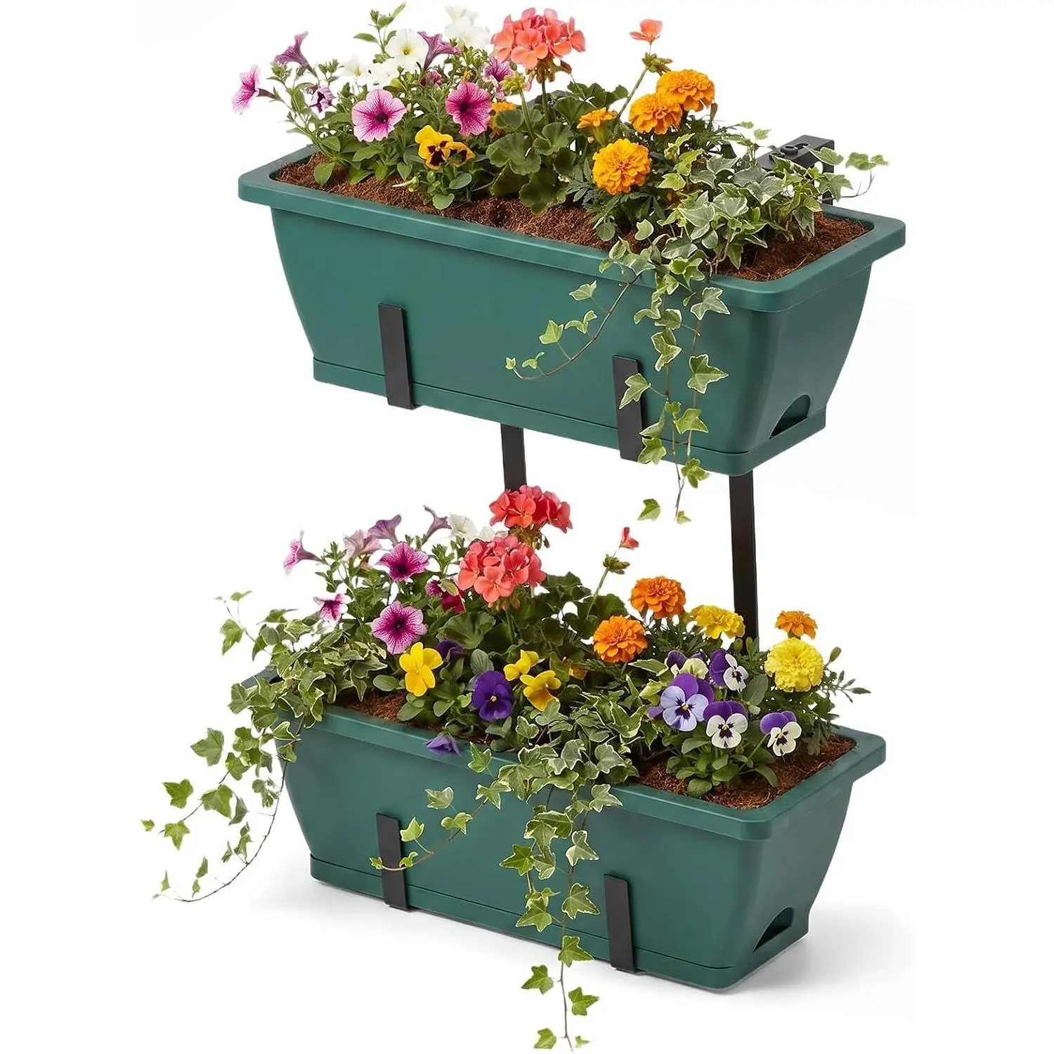 2-Tier Deck Railing Planter Boxes, 16.9 Inch Hanging Fence Flower Boxes with Detachable Hooks & Drain Holes for Porch & Garden, Green