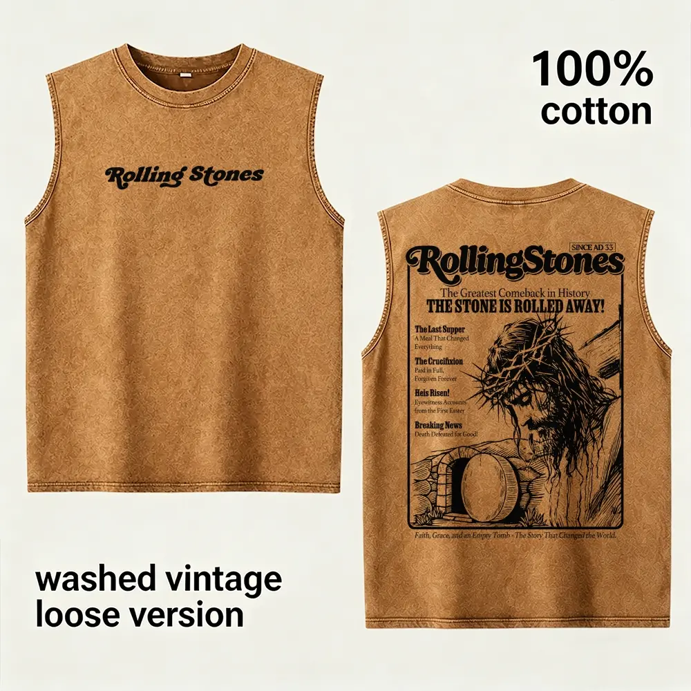 Jesus Resurrection Christian Graphic Vest Oversized Vintage Cotton Vest Streetwear The Stone Is Rolled Away Religion Easter Apparel Loose Fit Summer Casual Top Men