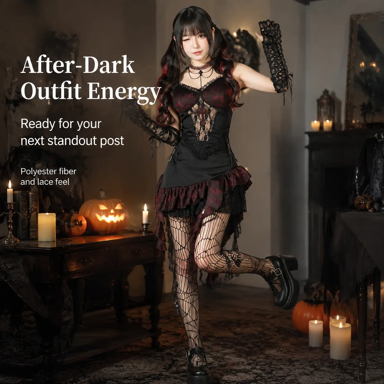 Women Gothic Cross Lace Cami Top Irregular Ruffle Mini Skirt Set Dark Vampire Outfit Adult Halloween Cosplay Costume Alternative Fashion Party Suit