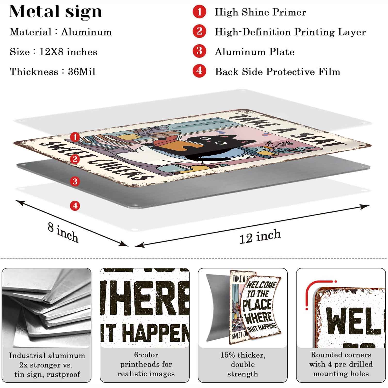 8x12 Inch Aluminum Metal Sign - "Take A Seat Sweet Cheeks" Cute Black Cat Bathroom Decor |   Ideal for Home, Guest Bathroom, Salon, and Cat Lovers' Space |   Whimsical Tin Plaque, Easy to Mount, Perfect Housewarming Gift