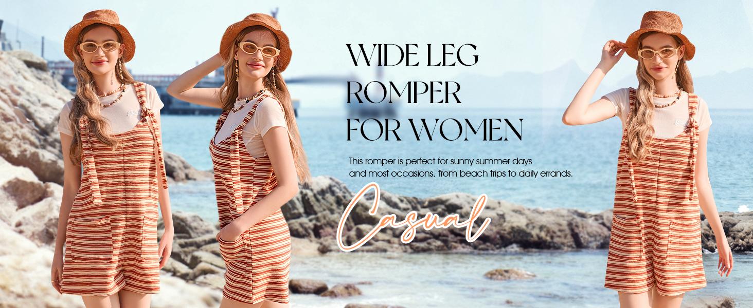 Yousify Women's Striped Sleeveless Romper Loose Fit Tied Shorts Jumpsuit with Pockets for Summer & Fall Casual Wear Scoop Neck Adjustable Drawstring Wide Legs