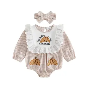 Infant Baby Girl Thanksgiving Romper Letter Croissant Embroidery Plaid Print Short Sleeve Bodysuits Jumpsuits with Headband 0-18 Months