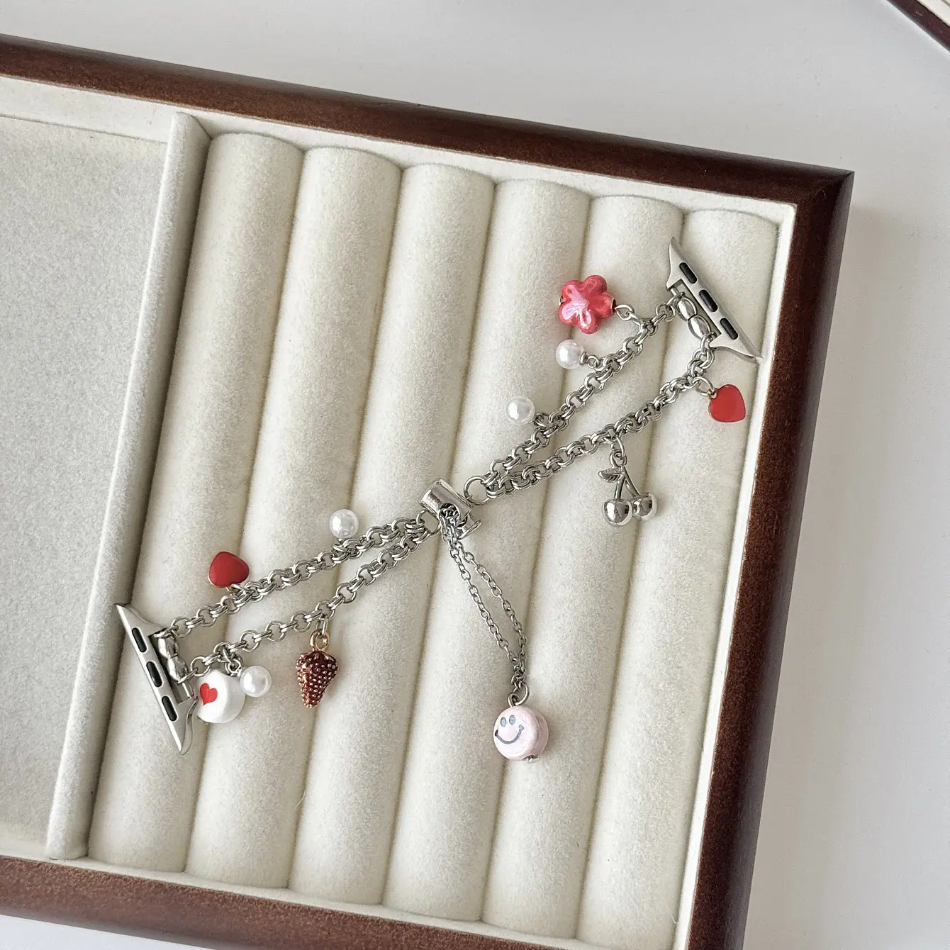 1PCS Double Layer Metal Chain Pendant Apple Watch Band, Y2K Cute Style, Fits 38-49mm, Strawberry Cherry Heart Flower Smile Charm, Girls' Accessory