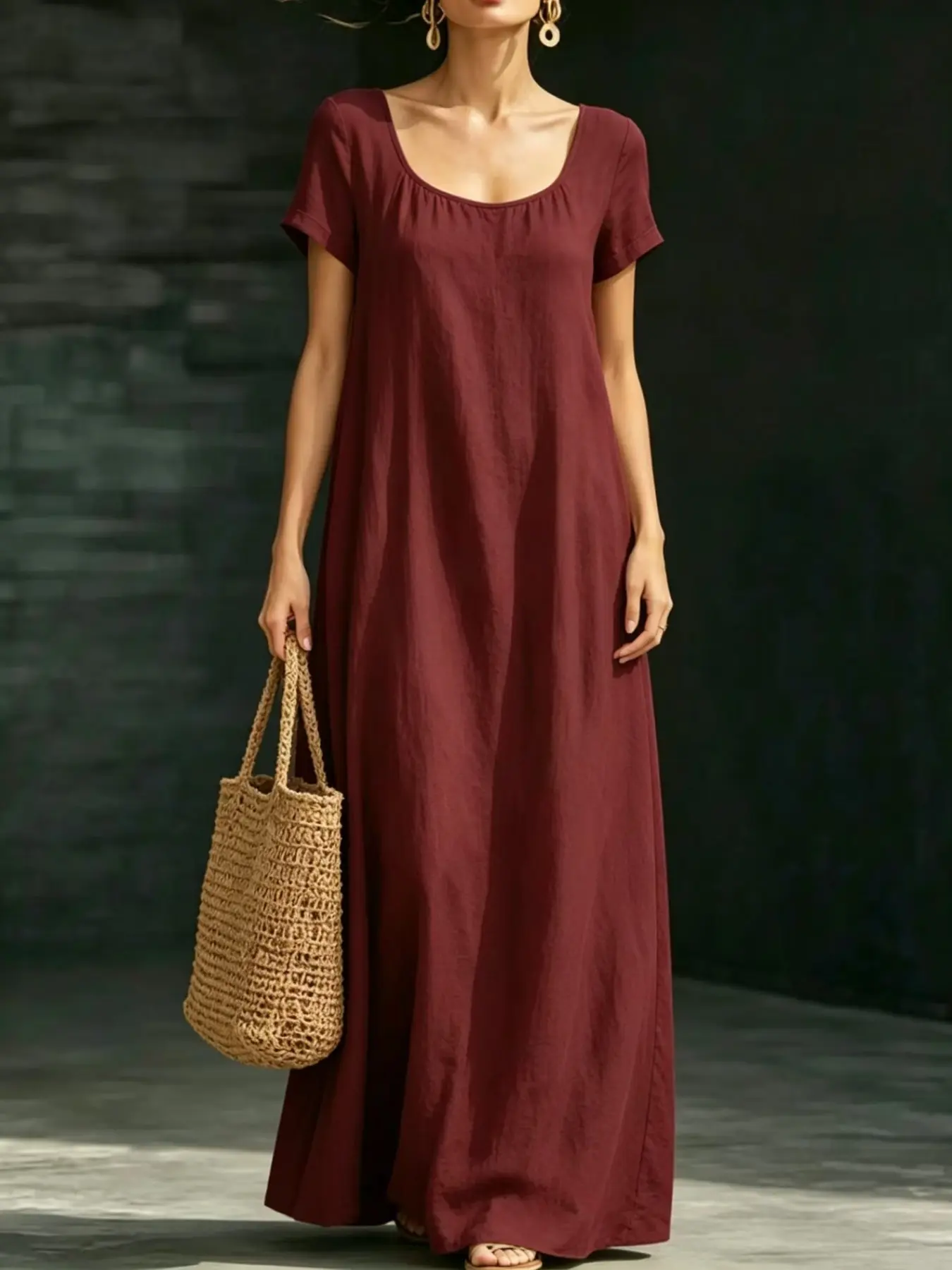 Summer New Flowy High-Waisted Slimming Long Dress Sundress, U-Neck Short Sleeve Minimalist Elegance Chic Loose Fit Breathable Casual Dress Daily Casual Office Solid Color Long Skirt for Women