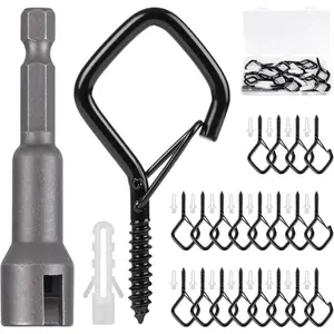 Q Hanger Hooks, 2.2 Inch Metal Screw Hooks with Safety Buckle, Heavy Duty, Weatherproof, Black, 20 Pcs