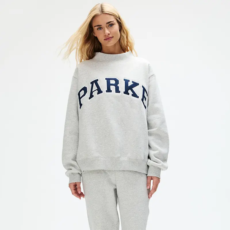 Autumn/Winter New Arrival: PARKE Letter Denim Appliqué Embroidered High-Neck Loose Stand Collar Fleece Sweatshirt