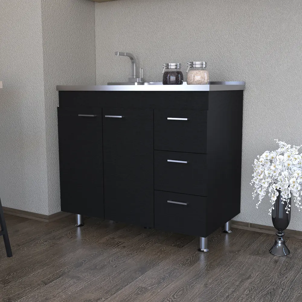 Nokka Utility Sink Cabinet with Storage for Kitchen, Engineered Wood Black Combo Unit, Space-Saving Design for Small Kitchens, Durable Handles & Hinges, Easy-Clean Surface, 39.3W x 35.4D x 20.6H in, 83 lb