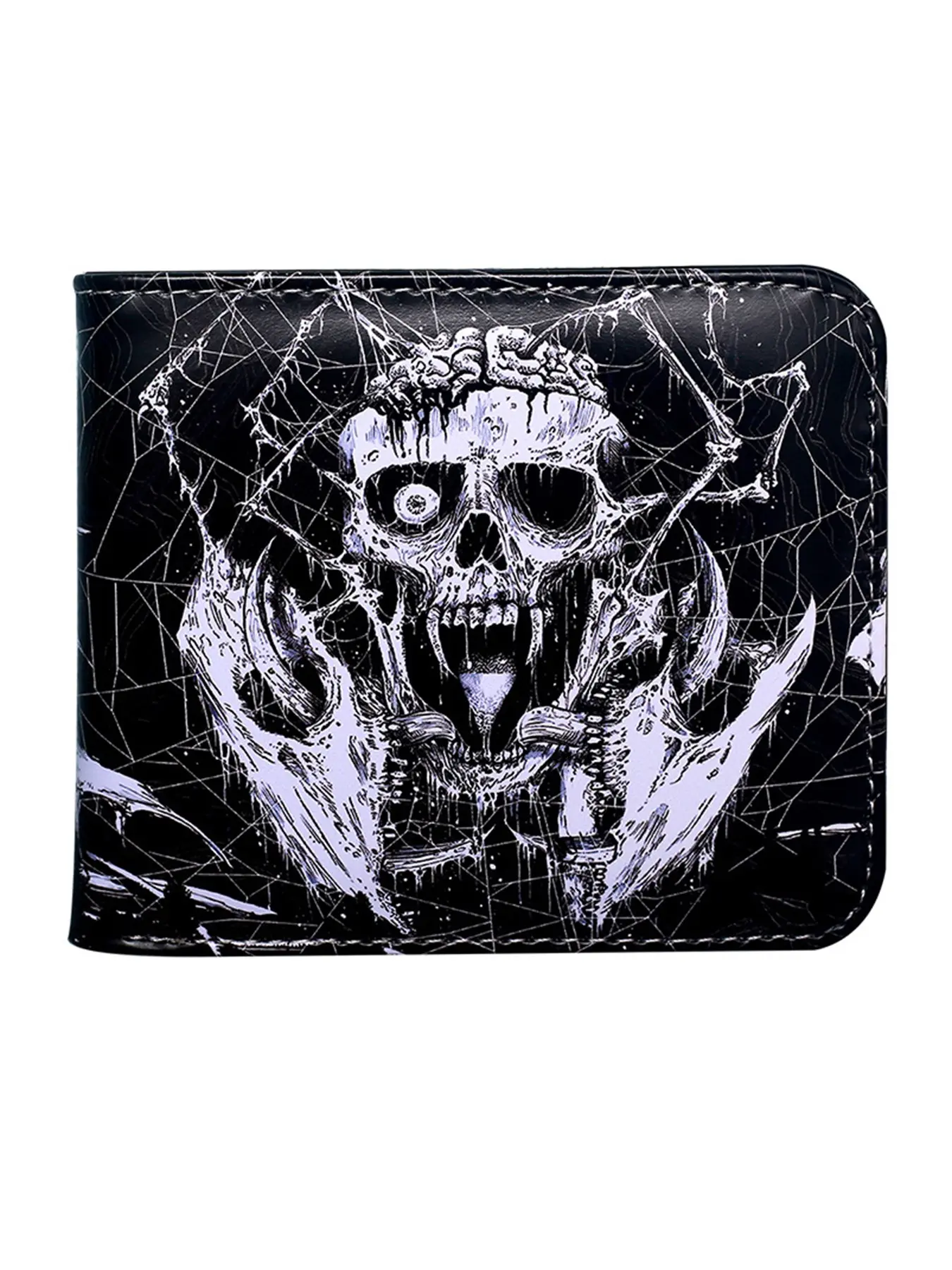 Men's PVC Leather Wallet, Retro Skull Print, Short Wallet with Bill Compartment, Credit Card Slots, Open Design, Portable Fashion Coin Purse