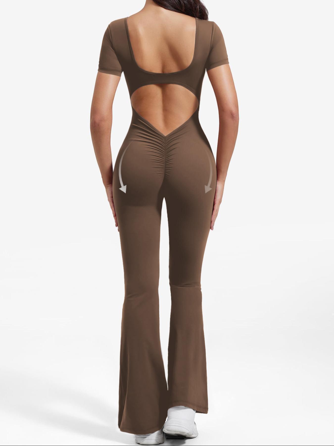 Women's Solid Cut Out Backless Flare Leg Sports Jumpsuit, Sporty Square Neck Ruched Bell Bottom Tummy Control Jumpsuit for Yoga Gym Workout, Ladies Sportswear for All Seasons