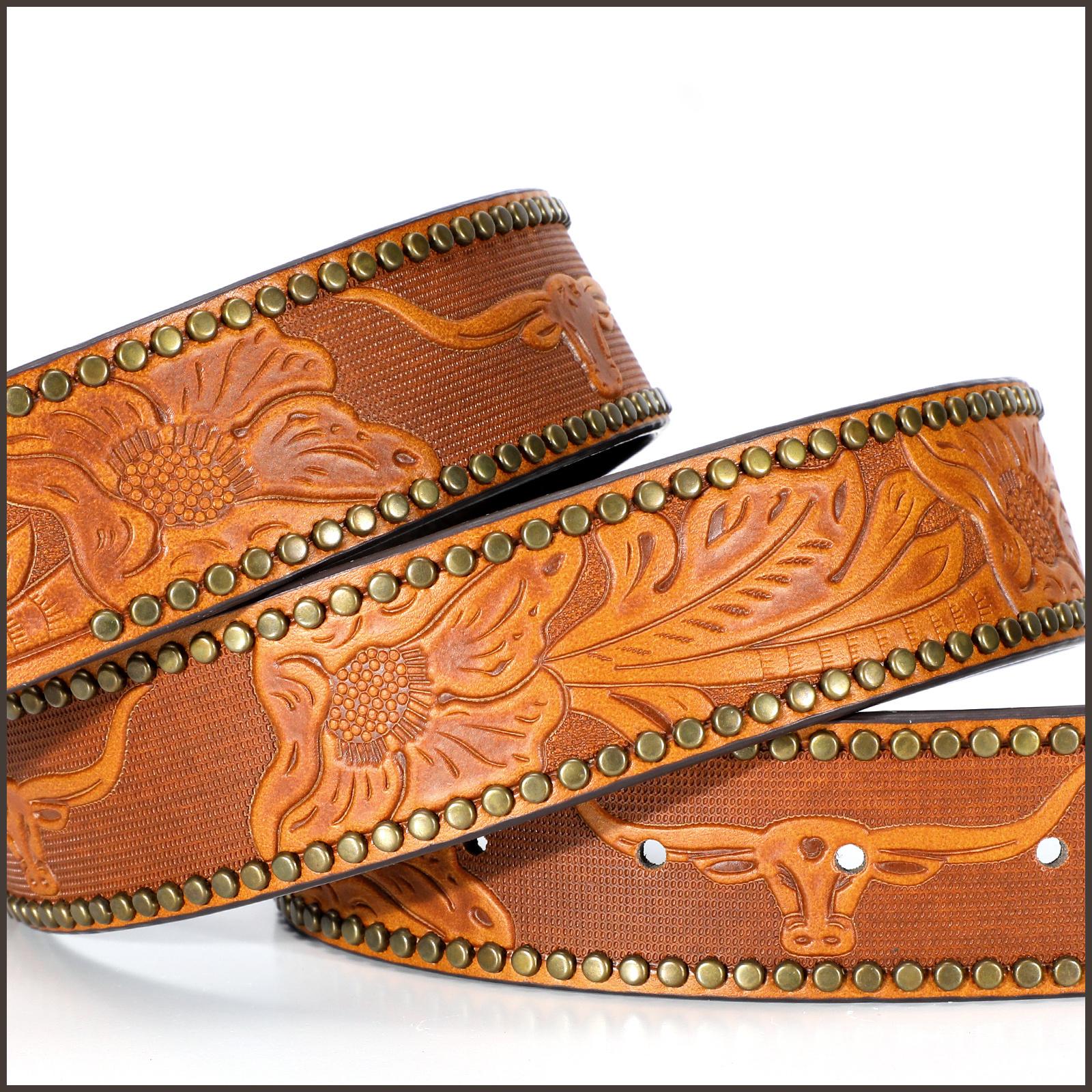 XZQTIVE Western Cowboy Cowgirl Belt for Men and Women Engraved Floral Longhorn Bull Cow Skull Western Leather Buckle Belt for Men Women Floral Engraved Cowboy Belt for Jeans Longhorn Bull Buckle Waist Belt,L Western Brown Leather Print Belt with Buckle
