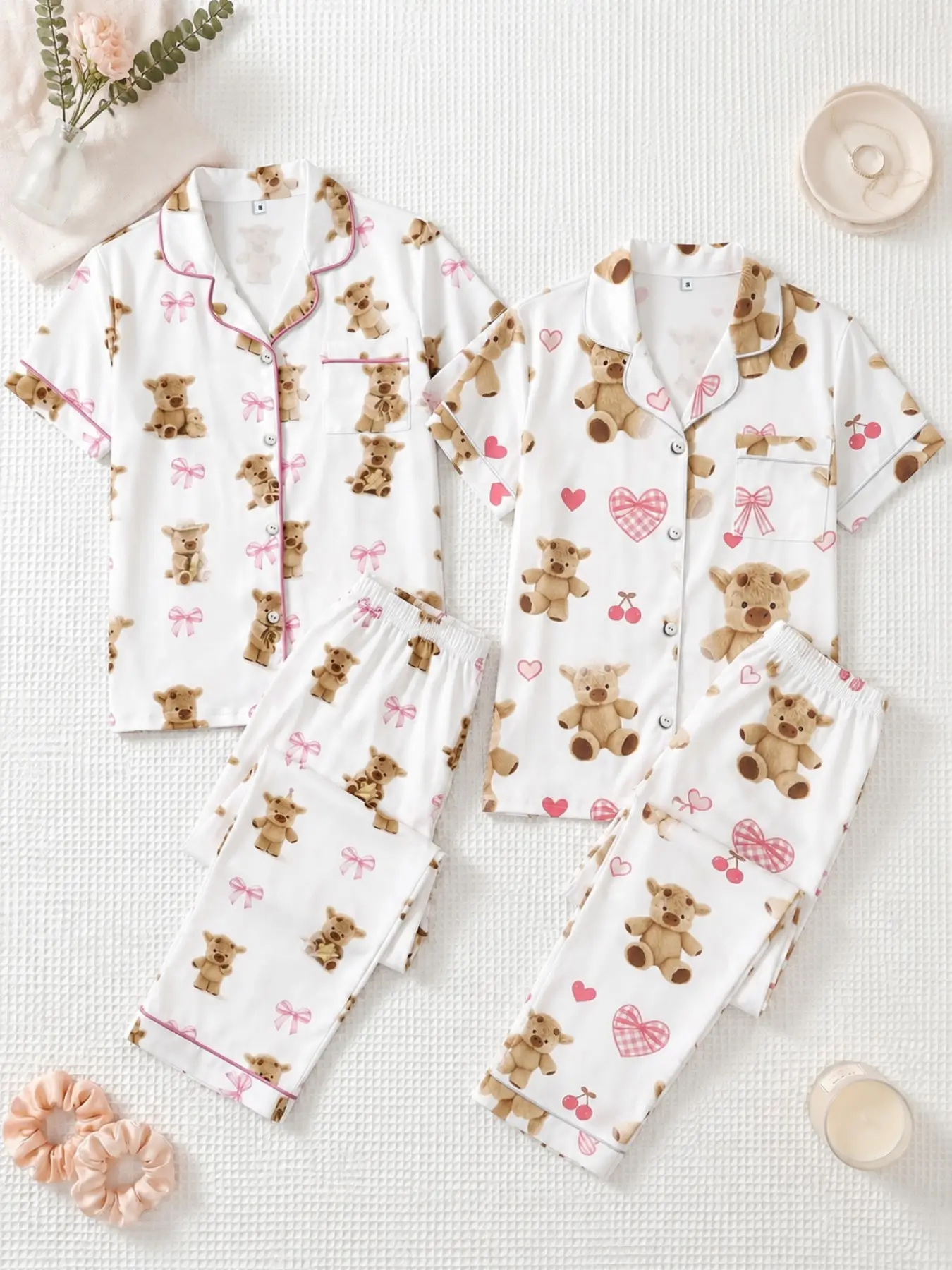 Women's Boho Pajama Set, Short Sleeve Loose-Fit, All over Print, Ankle Length, Soft Polyester, Summer Sleepwear for All Ages