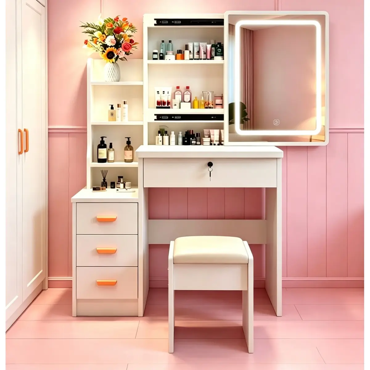 Contemporary White Makeup Vanity Set with LED Mirror, Thick MDF Bedroom Table with Storage, Cushioned Vanity Chair - Suitable for Teens/Adults for Home Bedrooms On-Site WL RR, Chair For Vanity