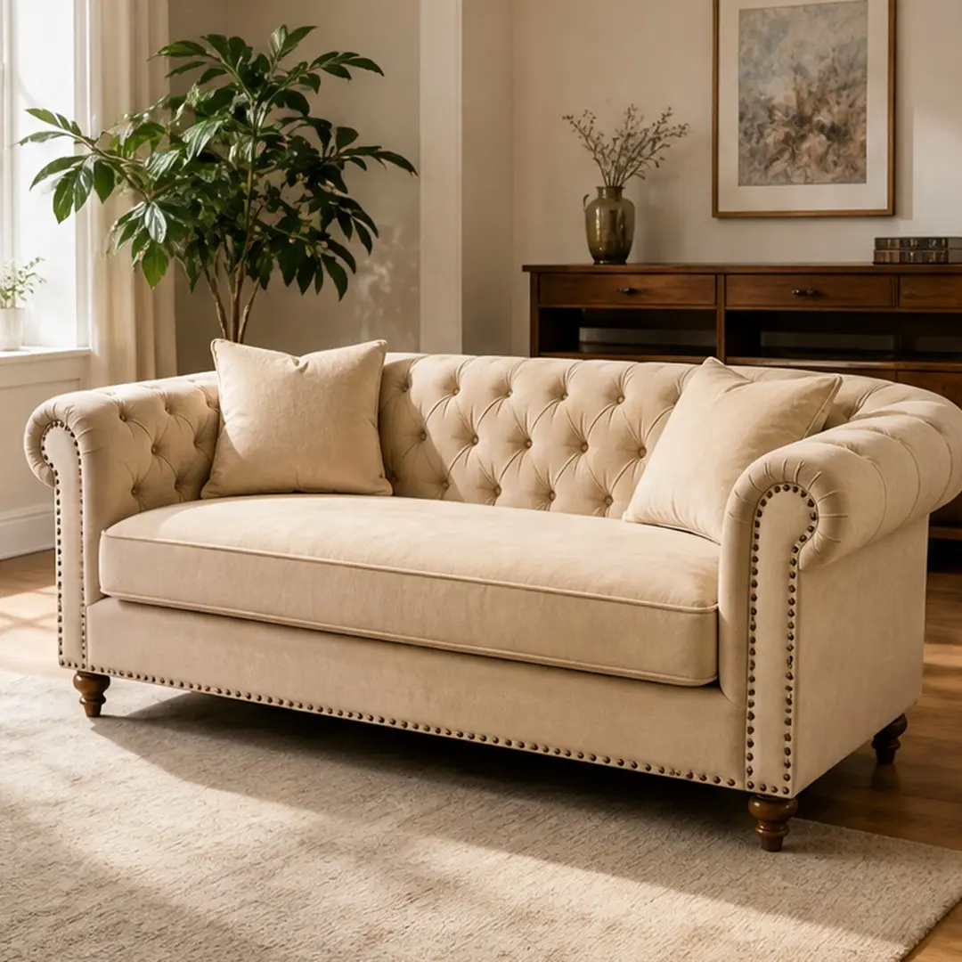 ARCH Beige Velvet Tufted 2-Seater Chesterfield Sofa - Nailhead Trim, Rolled Armrests, Removable Sturdy Cotton-Foam Cushions, Small Space Indoor Living Room Furniture, 44Wx23Dx18H in