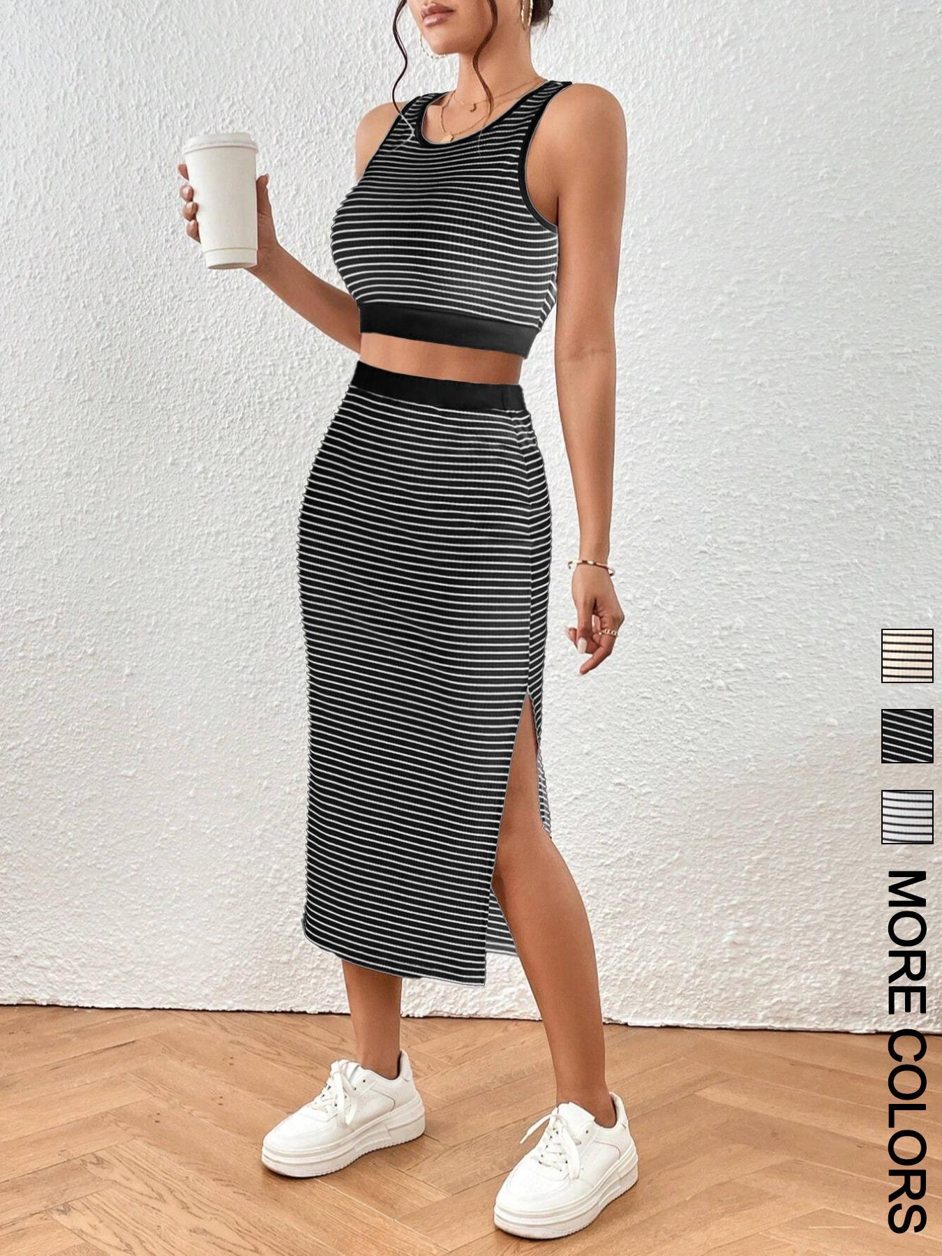 Women's Striped Print Crop Top & Skirt Two-Piece Set, Casual Fashion Cozy Top & Skirt for Daily Outdoor Wear, Ladies Clothes for All Seasons