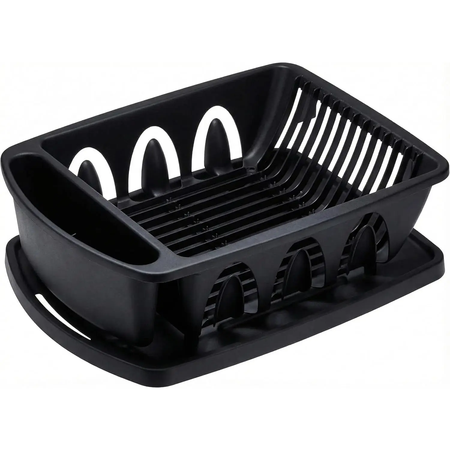 Sink Dish Drying Rack, Heavy Duty Hard Plastic Drying Rack, Dish Drainer for Kitchen Counter with Drainboard Set, with Silverware Holder - 18 x 13 x 6 (Black) - Made in USA
