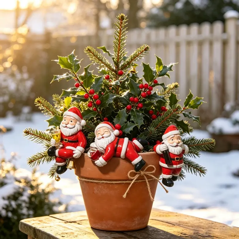 Cute Santa Claus Set of 3, Resin Christmas Pot Sitters Decor, Mini Santa Figurines for Indoor Outdoor Garden Patio, Xmas Holiday Home Decoration