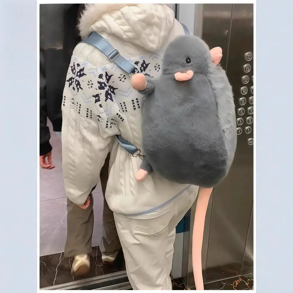Fluffy Mouse Soft Plush Backpack with Kawaii Charm, Cute Chinchilla Rat Shape, Long Pink Tail, Adjustable Straps, Large Capacity Backpack for Teen Girls, School & Travel Use