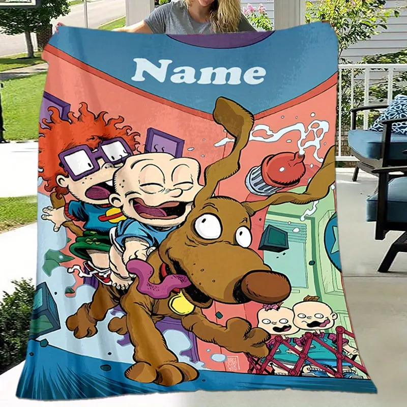 Cute Retro Cartoon All Season Soft Fleece Throw Blanket, Custom Name Rugrats Spike Dog Kids Adventure Print Sofa Bed Nap Travel Camping Blanket, 90s Nickelodeon Nostalgic Decor Fluffy Blanket, Personalized Warm Gift Blanket For Rugrats Cartoon Fans