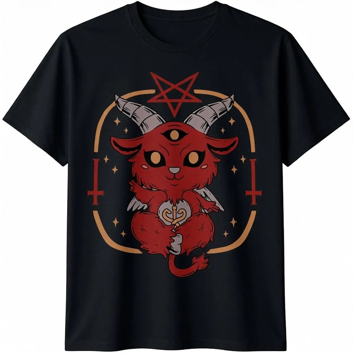 Cute Baphomet Graphic Tshirt for Men, Goth Streetwear Short Sleeve Crewneck Top in Comfy 100% Cotton Fabric, Round Neck, Fashion