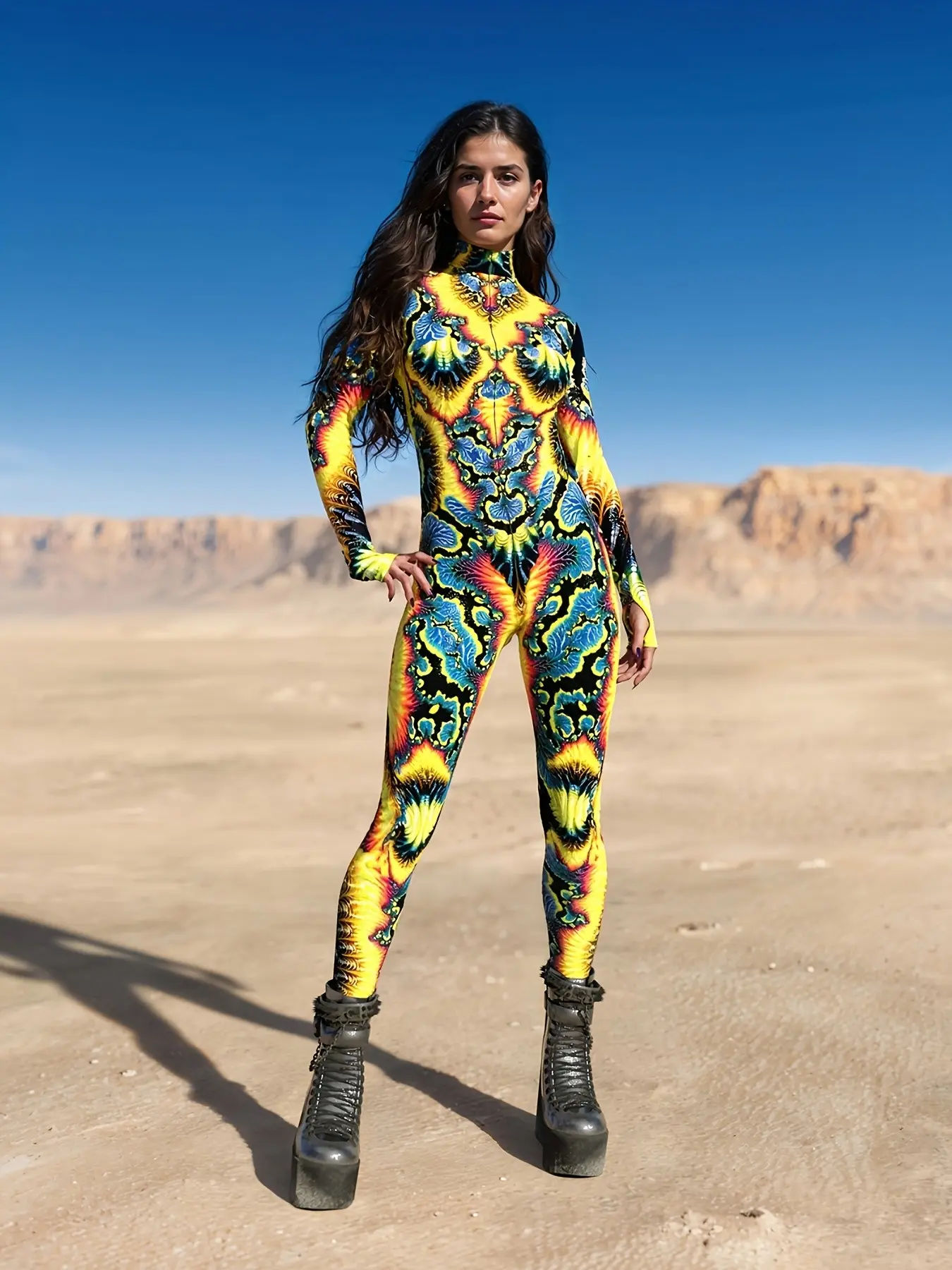 Women's Tight Sexy Bodysuit, Y2K Cyberpunk Style, Colorful Psychedelic Print, Glow-In-The-Dark Party Costume, Cosplay, Halloween Festival