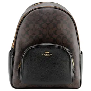 COACH Court 33 Color-Block Zip-Top Canvas and Leather Backpack – Unisex Large Size in Black and Dark Brown Monogram