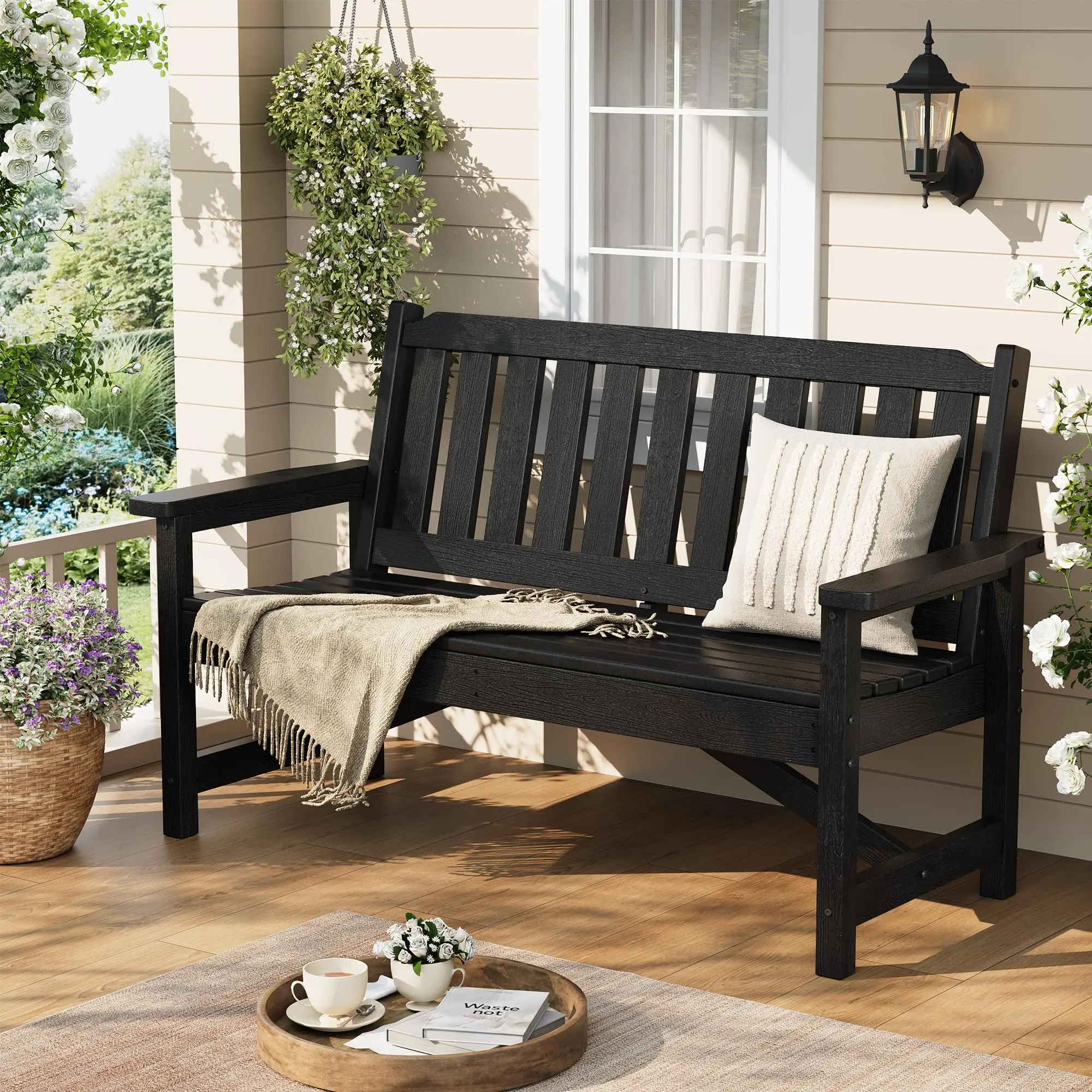 52'' Weatherproof HDPE Outdoor Bench, 600 Lbs Capacity Patio Park Seat for 2 People, Wood-Look Garden Bench for Yard, Deck, Porch, Brown