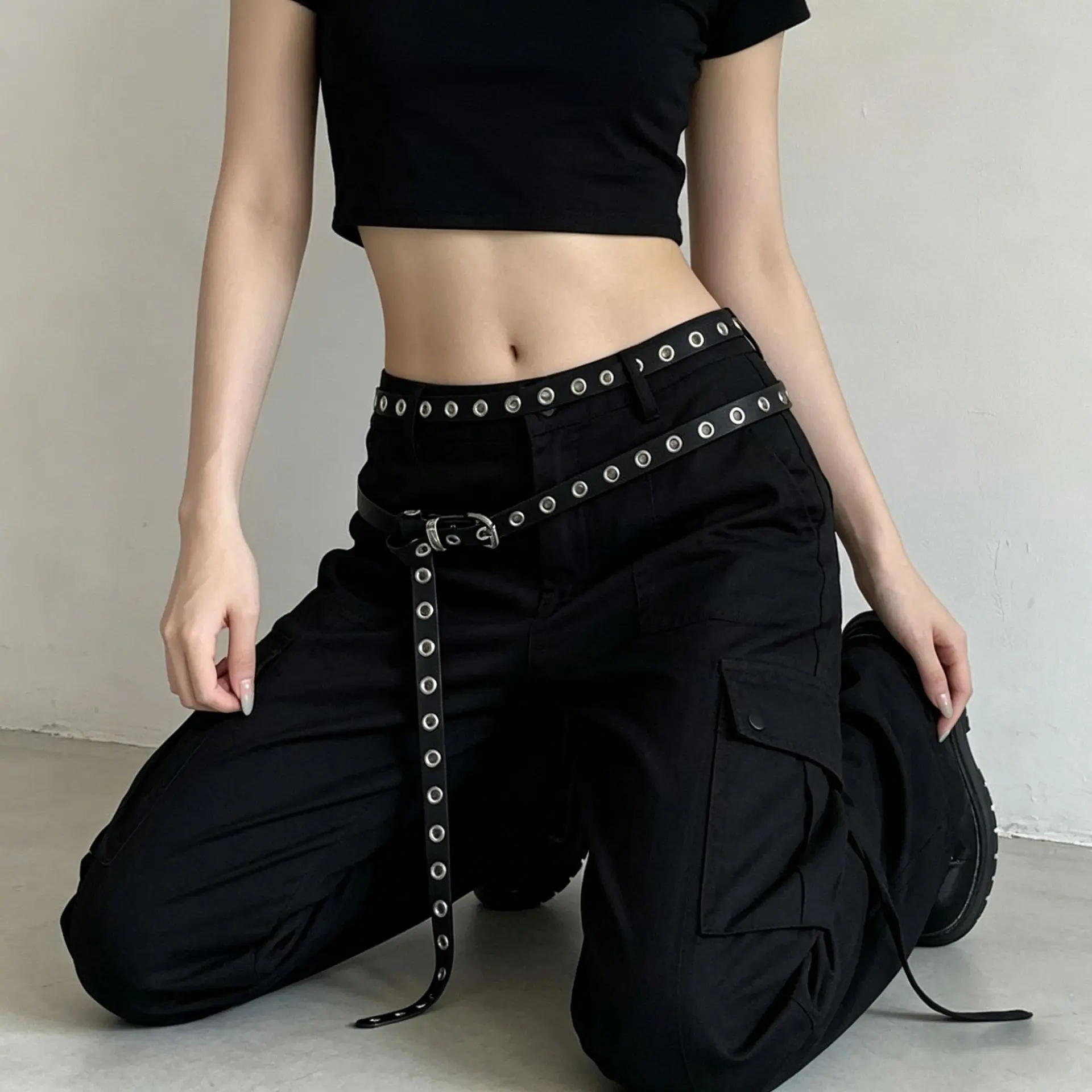 Women’s Extra Long Eyelet Thin PU Belt, Double Layer DIY Wrap Waist Strap, Minimalist Ins Fashion Decor Belt for Cargo Pants & Jumpsuits