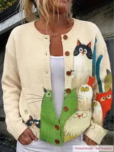 Women's Versatile Casual Patterned Knit Cardigan Sweater, Ribbed Round Neck, Long Sleeves, Wood Buttons, Loose All-Season Fit
