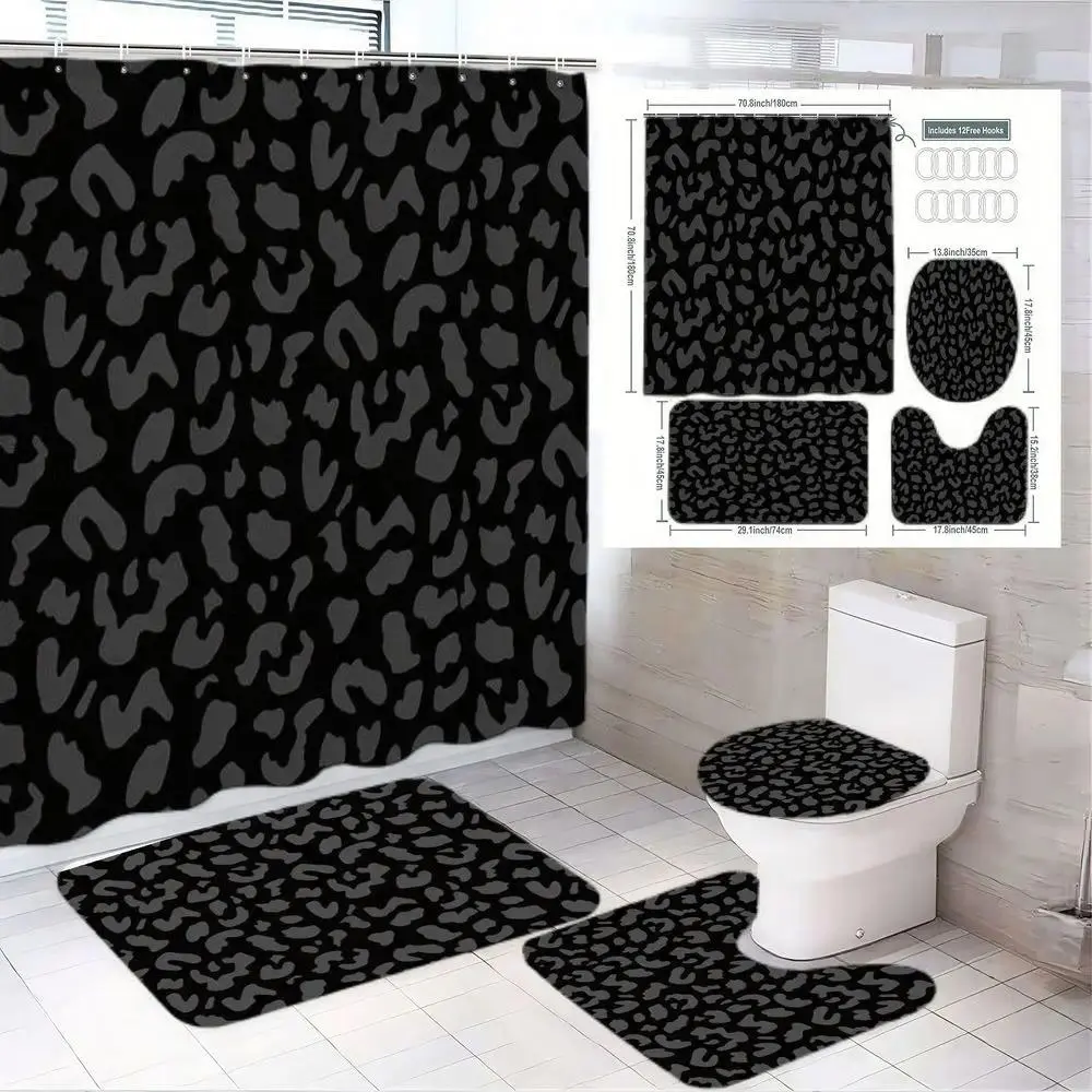 1/4pcs Leopard Print Bathroom Set 4 Pieces - Black Gray Shower Curtain, Rectangular Bath Mats, Toilet Seat Cover with Pattern, Perfect for Spring/Summer Home Decor Gift, Bathroom Decoration Accessories, Restroom Bathroom Accessories, Shower Curtain Sets