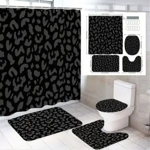 1/4pcs Leopard Print Bathroom Set 4 Pieces - Black Gray Shower Curtain, Rectangular Bath Mats, Toilet Seat Cover with Pattern, Perfect for Spring/Summer Home Decor Gift, Bathroom Decoration Accessories, Restroom Bathroom Accessories, Shower Curtain Sets