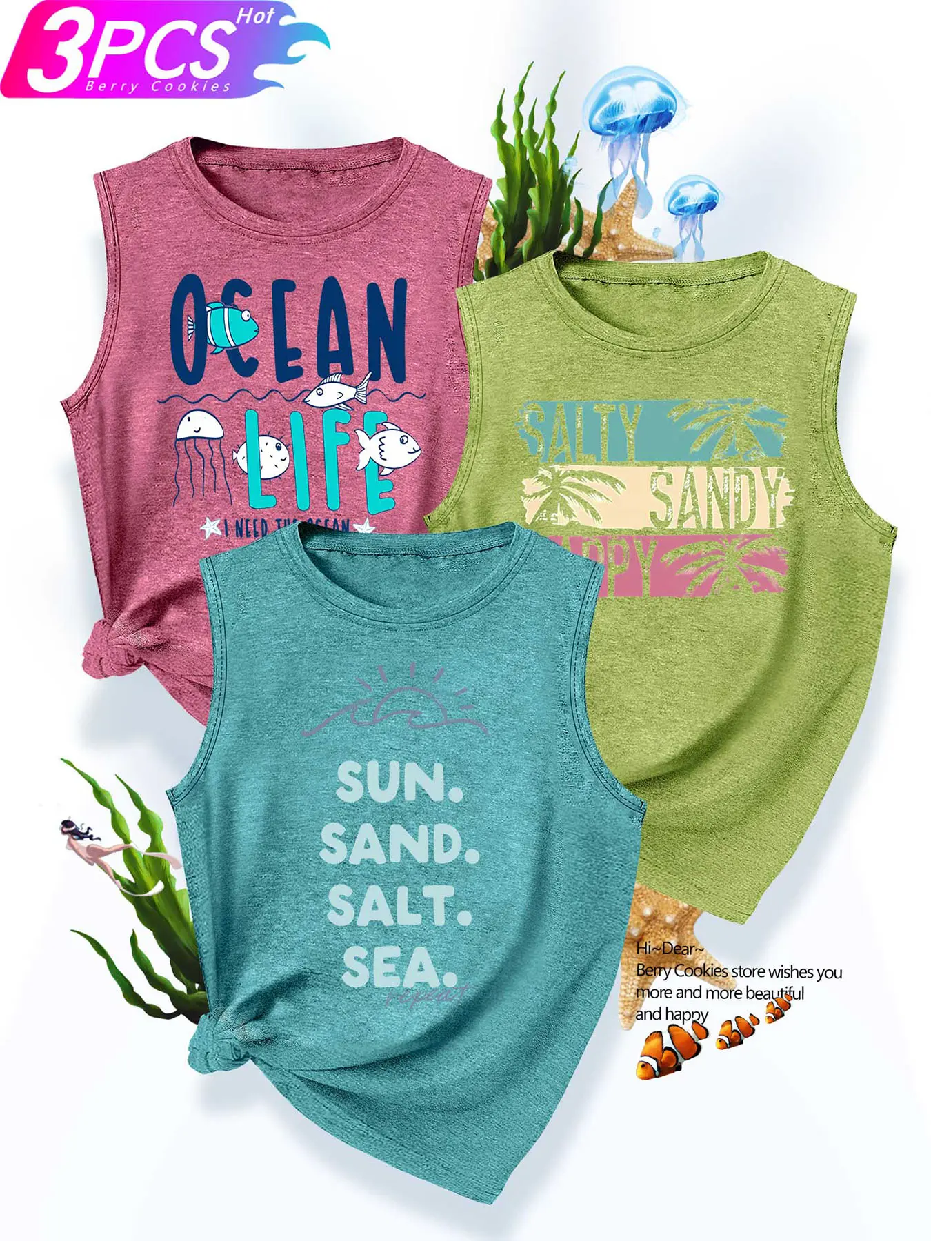 3Pcs Plus Size Women Crew Neck Tank, Beach Wave Fish Slogan Print, Soft All-match Spring Top