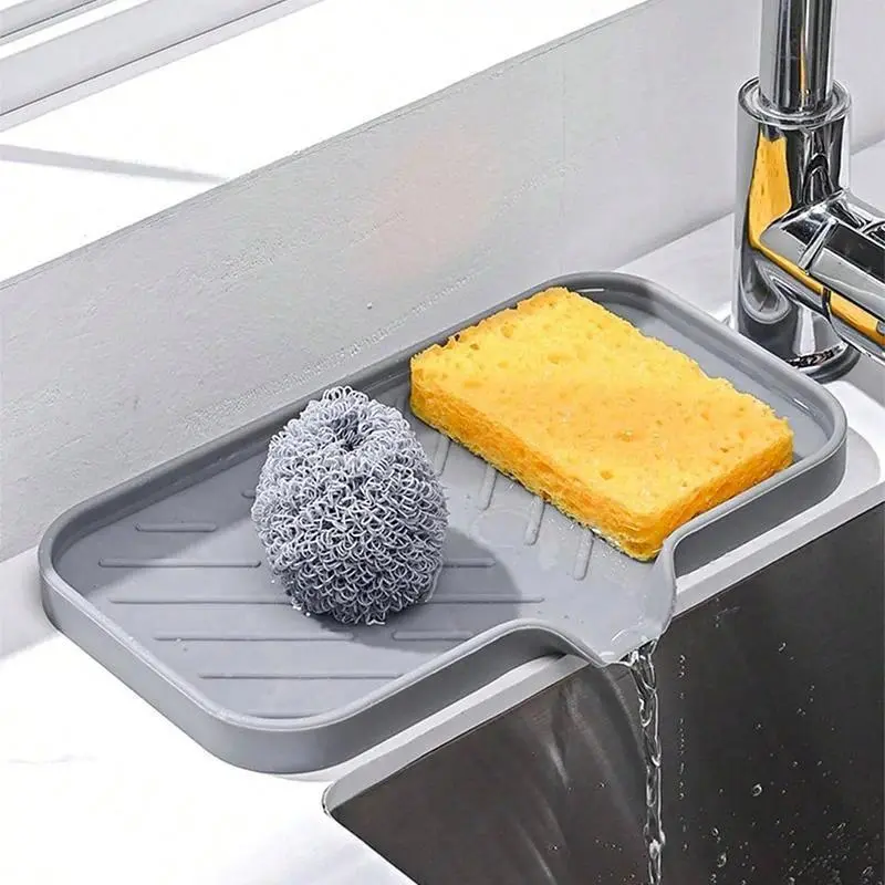 2-Pack Long-Lasting Synthetic Silicone Sink Drain Drying Mats, Non-Slip Scratch-Resistant Wear-Resistant Kitchen Accessories with Built-In Self-Draining Sponge Holder, Space-Saving Cleaning Indoor Recreation Gadget