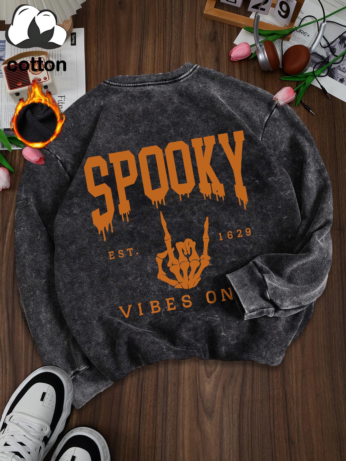 Women's Casual Vintage Wash Cotton Pullover Sweatshirt, Round Neck Long Sleeve Fleece Lined Hoodie for Fall Winter Halloween Fashion