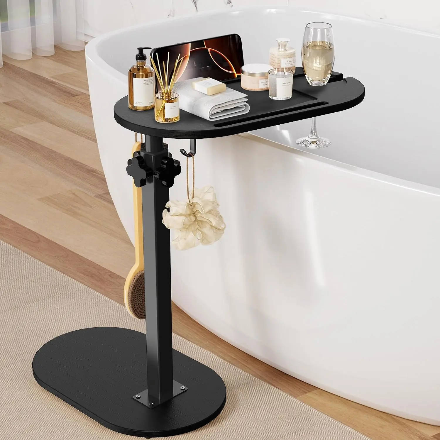 Bamboo Adjustable Height Bathtub Table Freestanding Bath Tray Caddy Tub Organizer, Ideal New Home Anniversary Wedding Bridal Shower Gift for Women