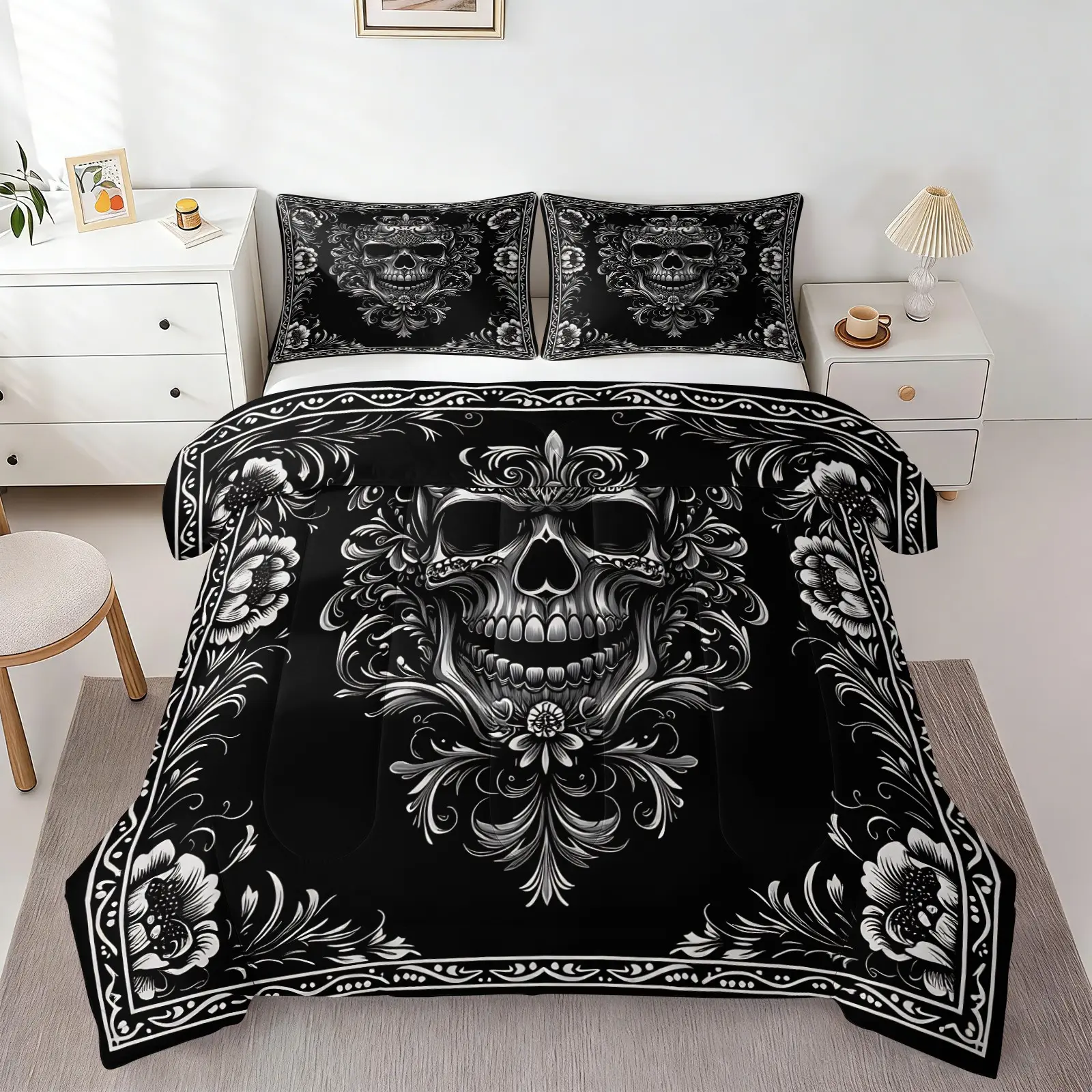 Vintage Floral Skull Comforter Set (1 Comforter + 1-2 Pillowcases), Durable Soft Comfy Washable Bed Set, Black White Baroque Skeleton Flower Print Gothic Bedding, Cool Dark Aesthetic Bedroom Decor Quilt Theme Bedding Set for Men Women