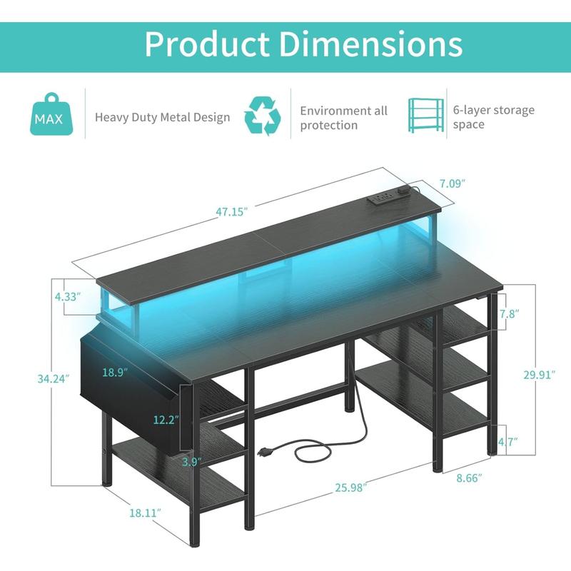 Lufeiya Gaming Desk with LED Lights and Storage Shelves, 47 inch Computer Desk with Power Outlets, Home Office Desk with Monitor Stand, Writing Table PC Desks, Black, Get Free Gift
