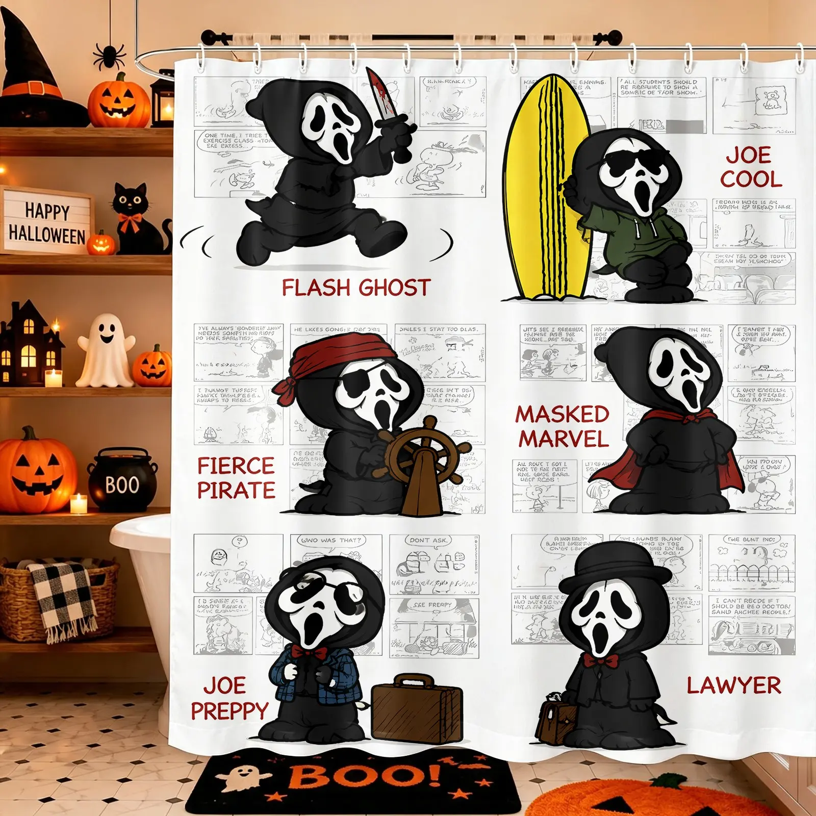 Manga Storyboard Professional Adaptation Ghostface Novel Design Bath Curtain, Waterproof Oxford with 12 Hooks Easy Install, Privacy Shower Curtain, Halloween or Fan Home/Dorm/Gaming Room Bathroom Decor