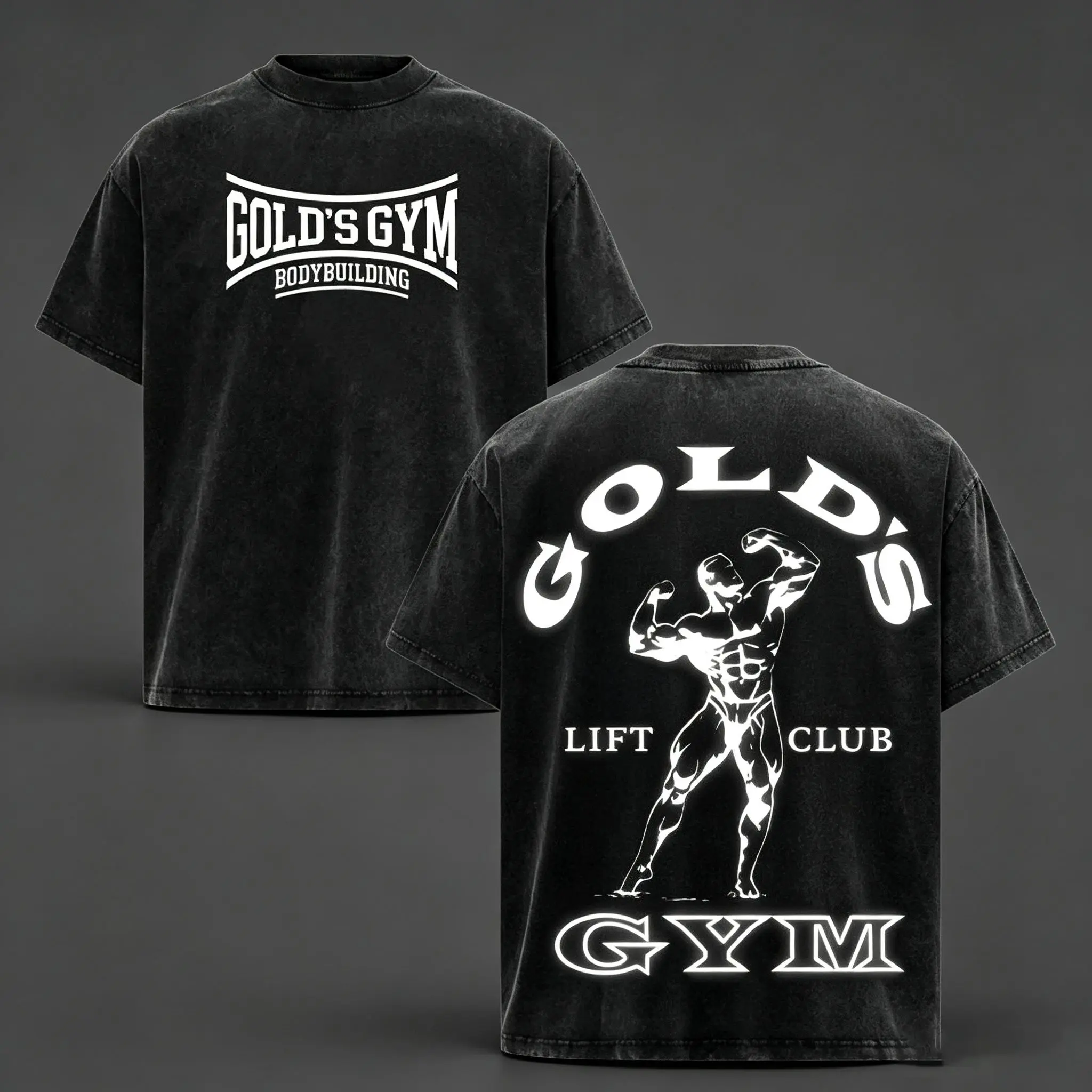 Adult vintage washed crew neck cotton shirt, front Gold's Gym bodybuilding font print, back oversized weightlifter graphic. Versatile wear for travel, neighborhood walks, sports meetups, matched with fitness metal pendant jewelry.