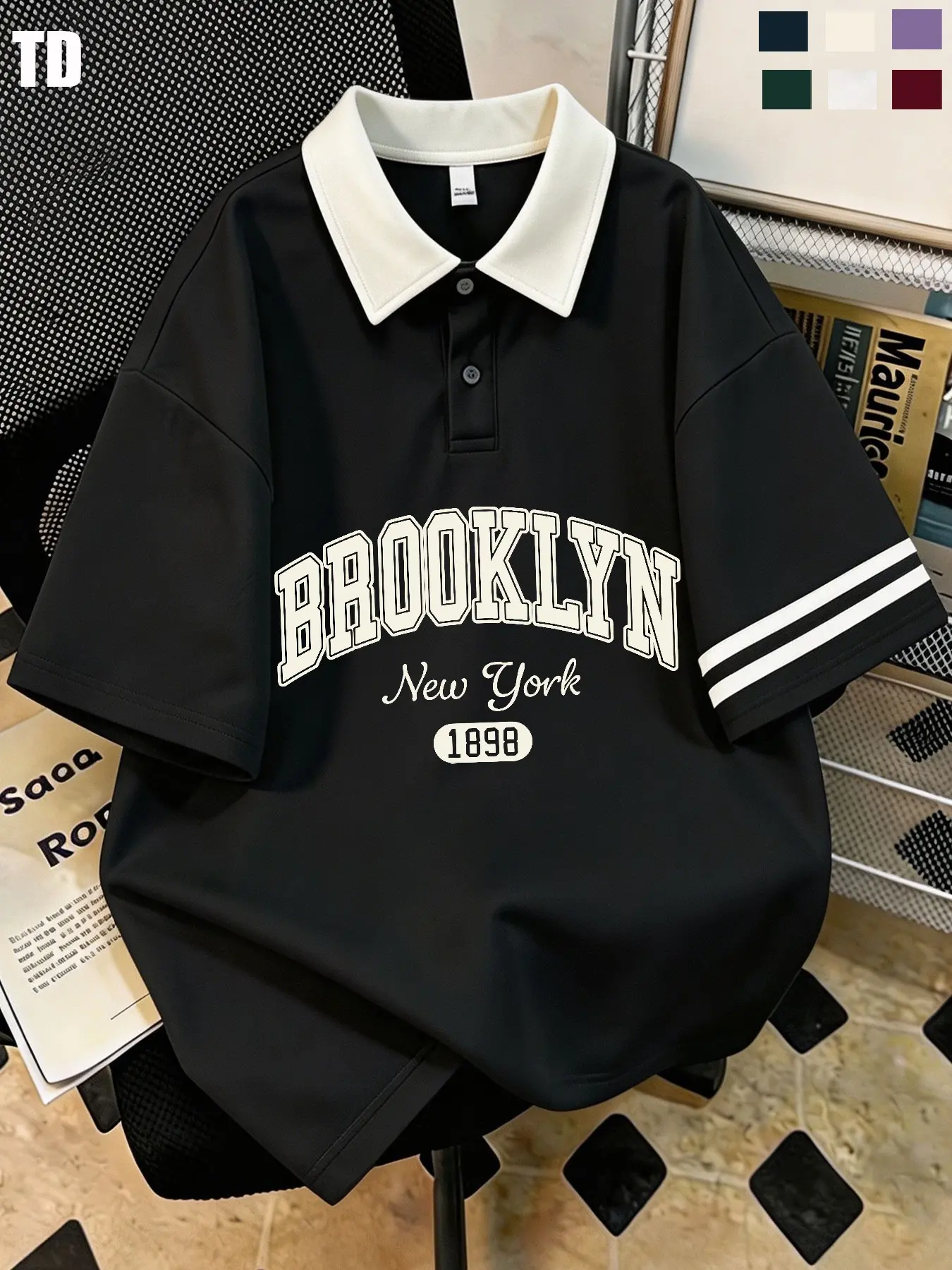 Td Brooklyn Letter Graphic Polo Shirt, Unisex Oversized Striped Sleeve, Contrast Collar, Preppy Casual Streetwear Top, Statement, 6 Colors