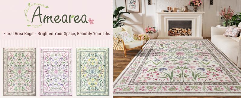 Amearea 8x10 Area Faux Cashmere Rugs for Living Room, Washable Area Rugs 8 x 10 Pink Floral Rug, Vintage Low Pile Cute Room Print Carpet, Non Slip Office Nursery Bedroom Dining Room Farmhouse Decor