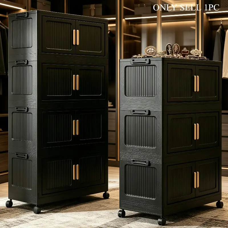 Stackable wardrobe storage cabinet, Folding storage cabinet, 3-6 layers of black large capacity storage cabinets, foldable plastic wardrobe organizer, double door storage compartments, suitable for storage in living rooms, offices, and cloakrooms