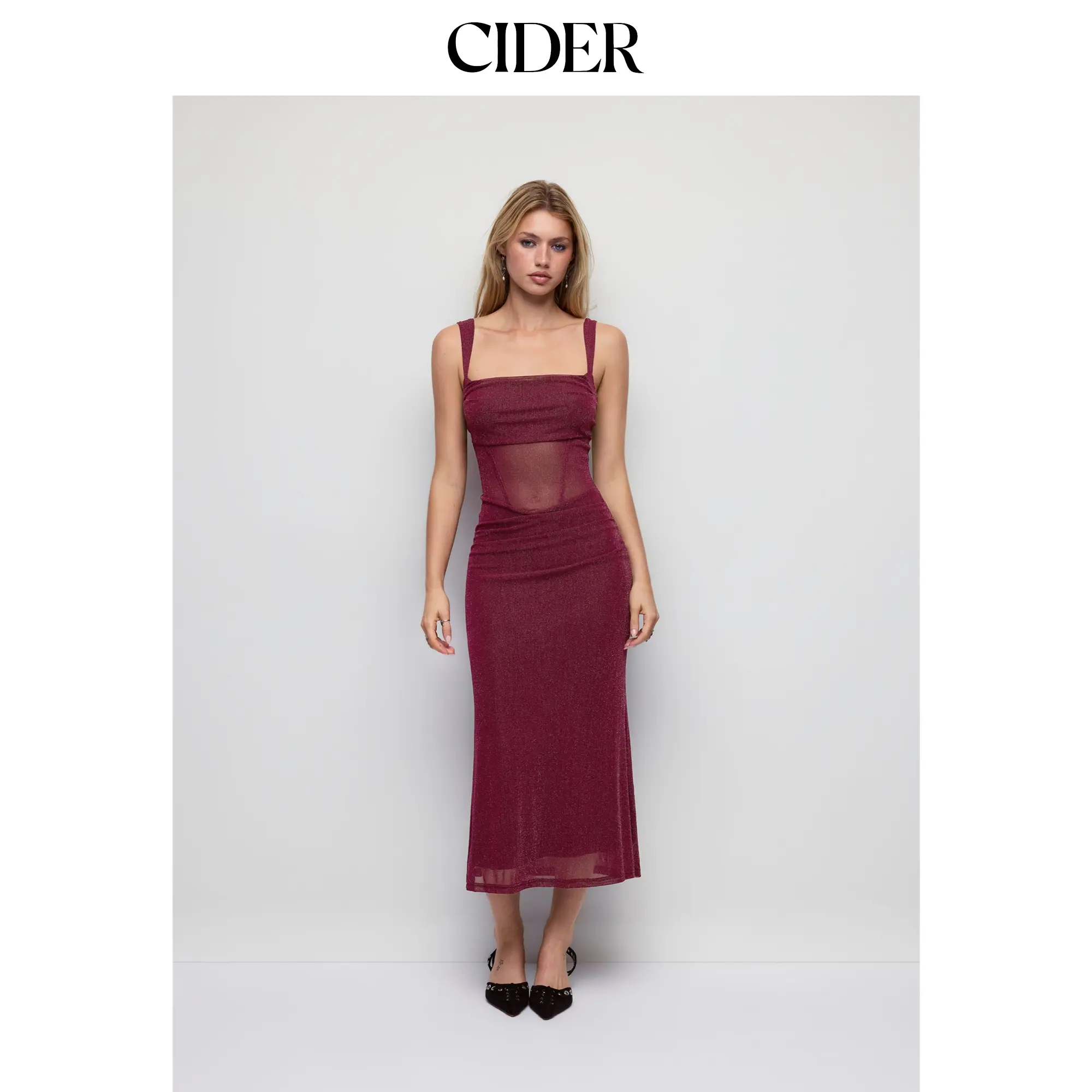 Cider Metallic Mesh Square Neck Ruched See-through Bodycon Midi Dress