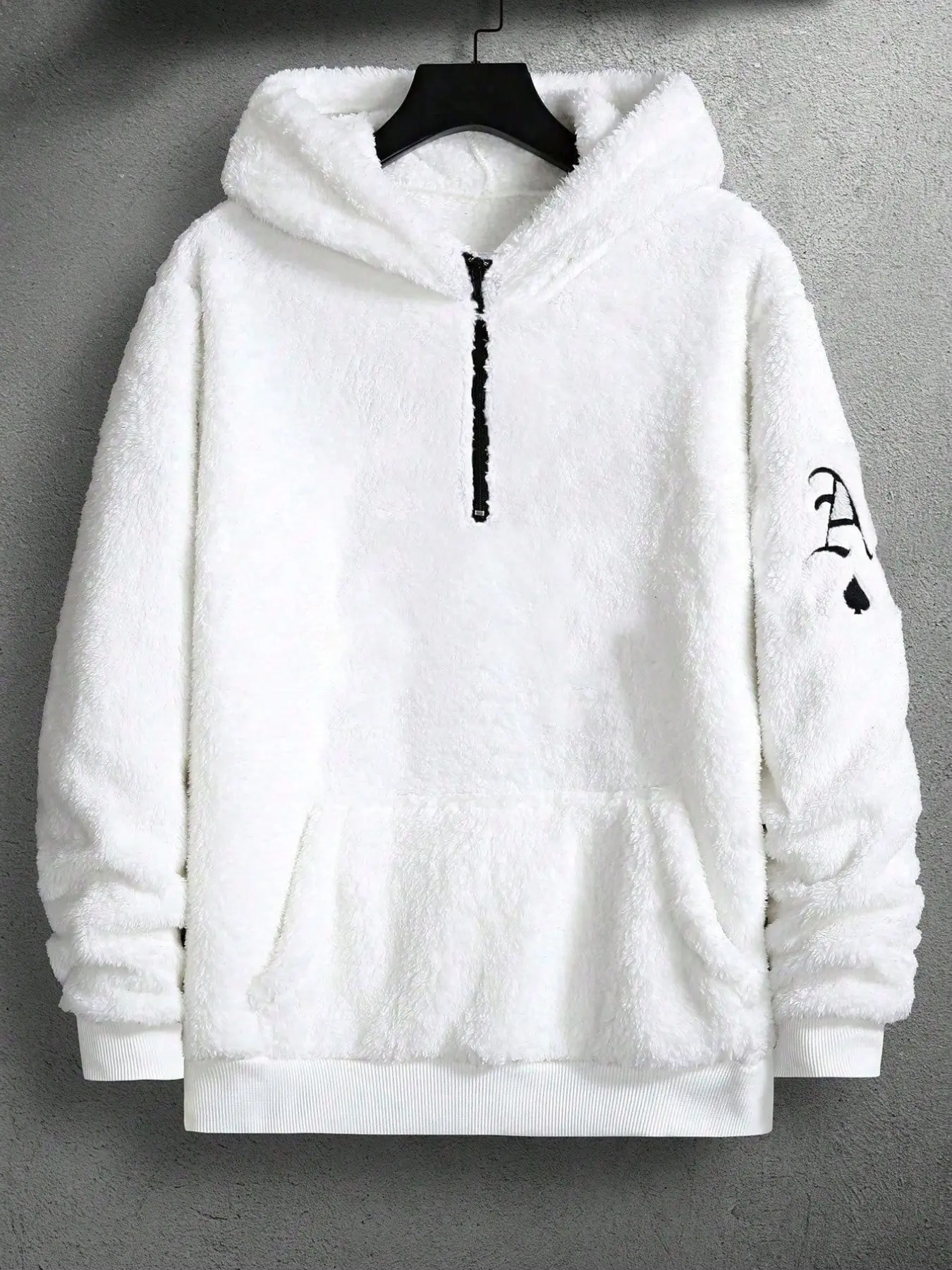 Unisex Half Zip Sherpa Fuzzy Hoodie,Retro Letter Ace Spade Embroidery On Sleeve,Oversized Cozy Warm Fluffy Fleece Hooded Pullover With Kangaroo Pocket,Casual Streetwear Loose Fit Sweatshirt For Men Women,Ideal For Lounge Home Daily Commute