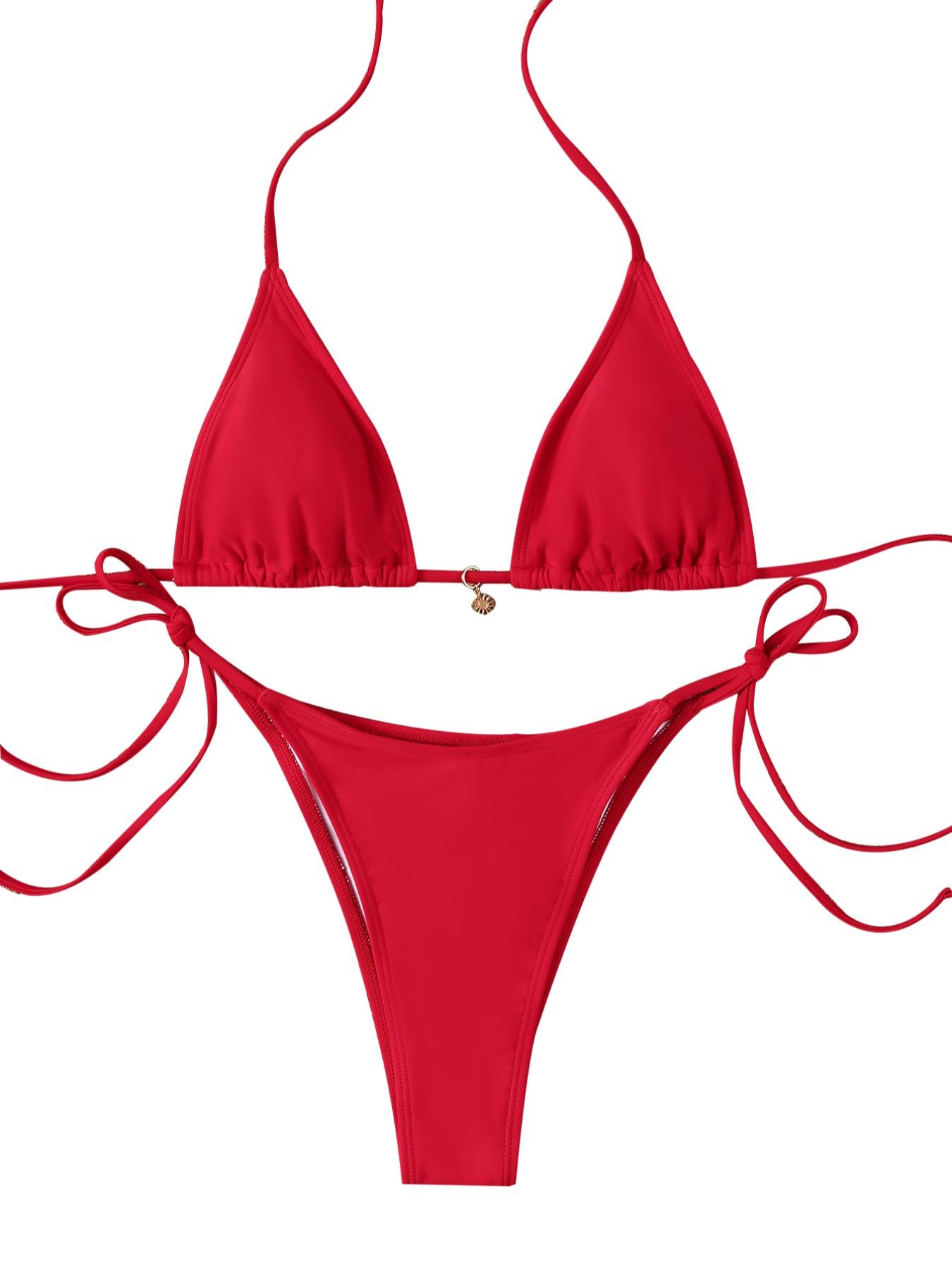 Two-piece Set Women's Solid Halter Triangle Bikini Set, Casual Fashion Chic Swimsuit Set for Beach Holiday Vacation, Ladies Swimwear for All Seasons, Triangle Bikini Top