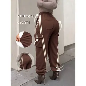 Women's Brown Side Striped Cargo Sweatpants, High Waist Wide Leg Casual Trousers, Streetwear & Athleisure Outfits