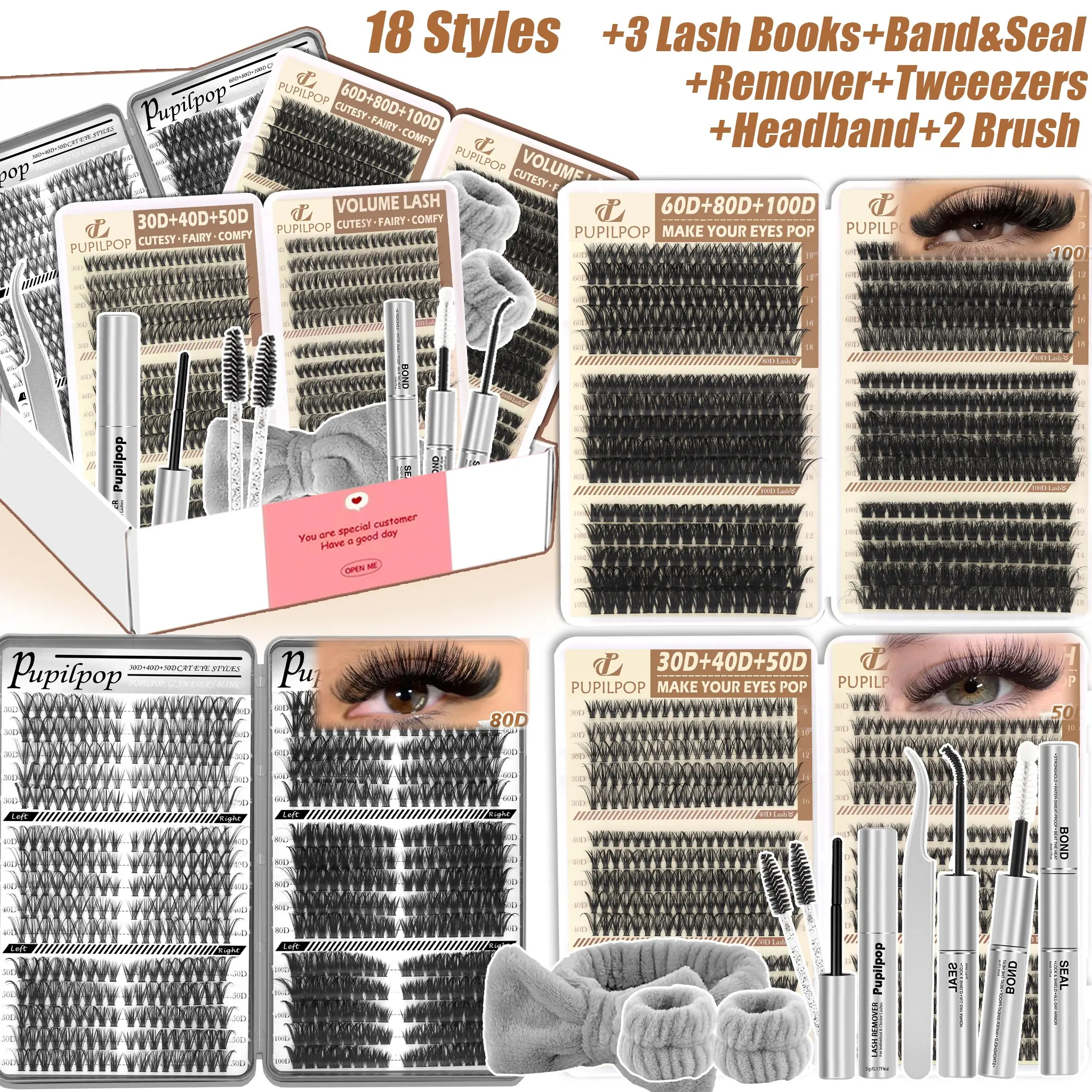 Pupilpop DIY Lash Clusters Kit 30D 40D 50D 60D 80D 100D Wispy Volume Lashes, Fluffy Individual Eyelash Extensions with Bond & Seal, Lash Remover, Tweezers & Brush, Natural Cat Eye False Eyelashes, Reusable Lightweight Lash Extension Kit for Beginners Dail