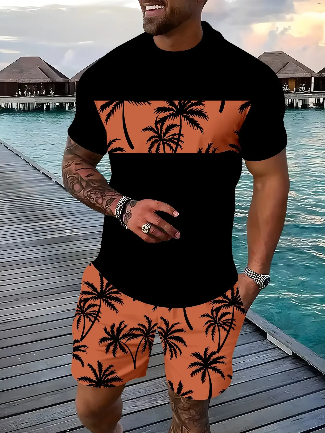 Men's 3D Tropical Coconut Tree Print Color-blocked Suit, Crew Neck Short-sleeved Shirt and Drawstring Shorts, Summer Casual Vacation Outfit.