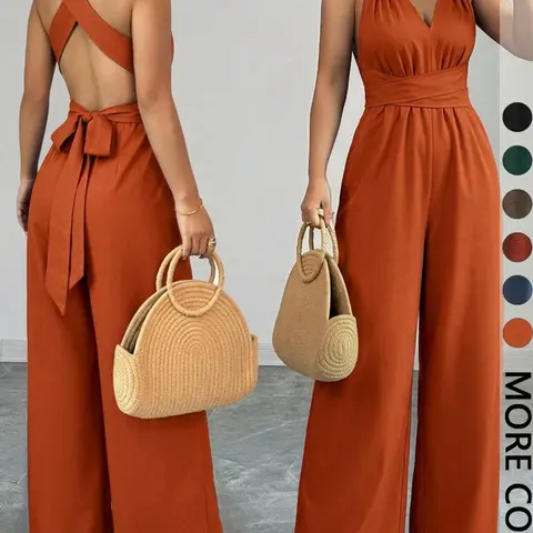 1 Piece Sleeveless V-Neck Adjustable Tie-Waist Wide-Leg Jumpsuit, Women's Jumpsuit, Casual Fashion Jumpsuit, Casual Summer Vacation Wear Style, Adjustable Romper Jumpsuit