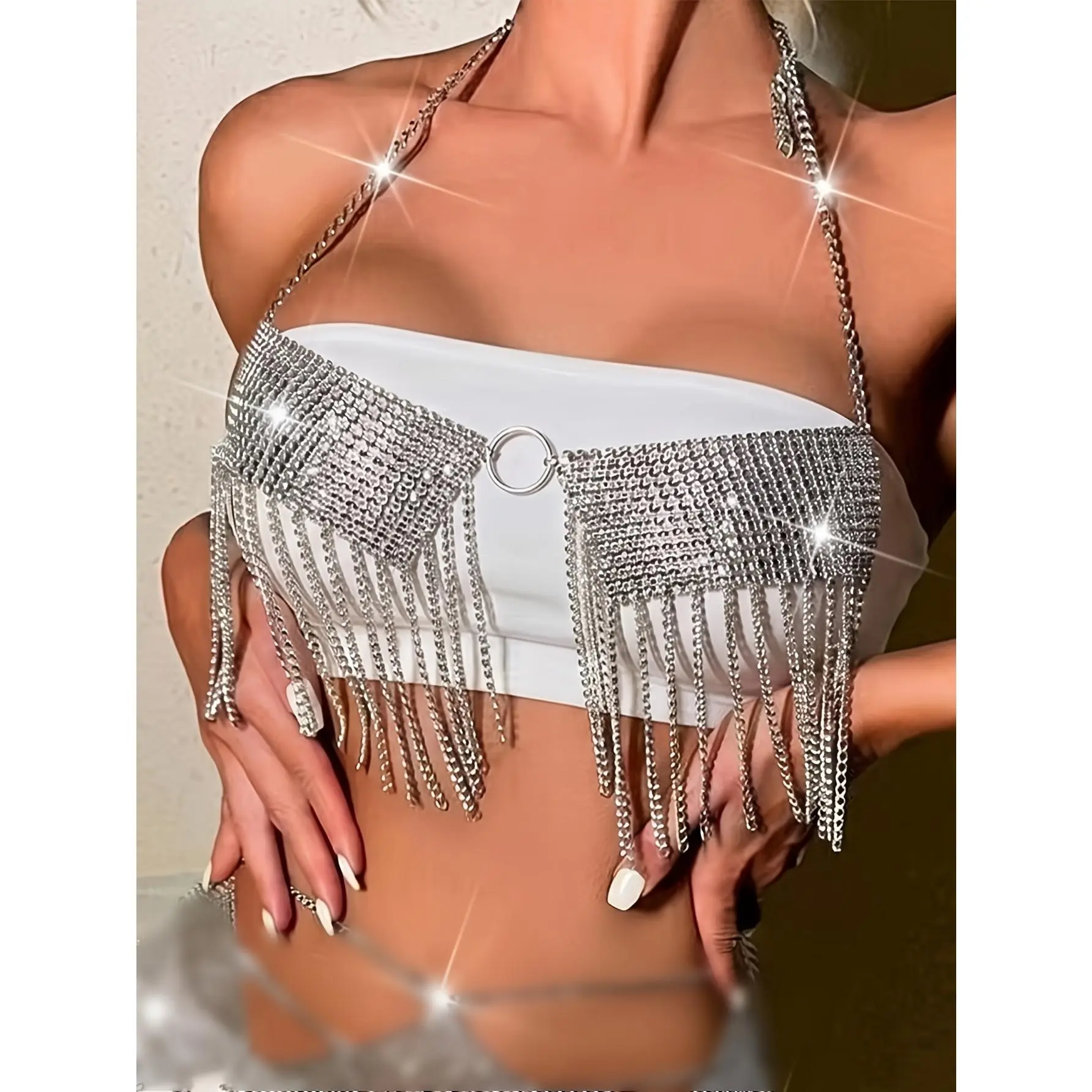 European And American New Sexy Shiny Rhinestone Inlaid Diamond Cloth Tassel Suspender Adjustable Ultra-Short Fashion Halter Navel-Baring Small Vest Y2K Bikini Chain Rhinestone Shiny Bra Pasties Chest Clothing Additions Modern Trendy Outfit Party Ele